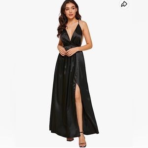 SheIn Satin Deep V Neck Backless Maxi Dress